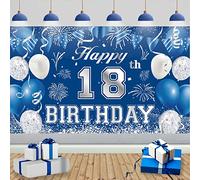 TUTUXMA 18th Birthday Party Banner, 18th Blue Silver Birthday Backdrop Banner Photo Booth Sign Decoration, Large Eighteenth Birthdays Background for Boys 17 Years B'Day Party Supplie 185 * 110