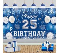 TUTUXMA 25th Birthday Decoration Banner, 25th Blue Silver Birthday Backdrop Banner Photo Booth Sign Decoration, Large Twenty-five Birthdays Background for Men 70 Years B'Day Party Supplie 185 * 110