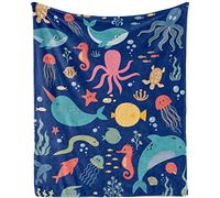 TUTUXMA Ocean Blanket for Kids, Soft Plush Ocean Animal Flannel Fleece Blankets Gifts for Boys, Cozy Fuzzy Cute Under The Sea Throw Blanket with Shark Whale Print for Bed Sofa Couch, 100x130cm