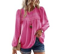 TUUHAW Blouses for Women UK Chiffon Flowy Swiss Dots Women's Tops Cute Boho Pullover Round Neck Long Sleeve Loose Bubble Hem Basic Hot Pink 2025 Peplum Clothes XL