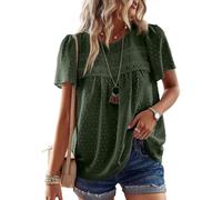 TUUHAW Blouses for Women UK Fashion 2025 Hook Flower Lace Crew Neck Boho Tunic Tops Short Sleeve Fall Bubble Hem Flowy Smocked Shirts Elegant Bardot Peplum Sexy Clothes Green XXXL