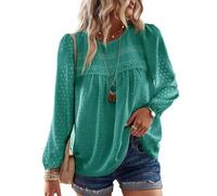 TUUHAW Blouses for Women UK Fashion 2025 Hook Flower Lace Crew Neck Swiss Dot Babydoll Boho Tunic Tops Smocked Long Sleeve Going Out Bardot Fall Bubble Hem Shirts Turquoise XXL