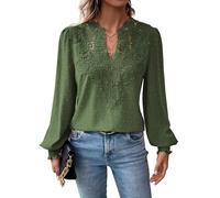 TUUHAW Blouses for Women UK Fashion 2025 Hook Flower Lace V Neck Boho Tunic Tops Ruffle Long Sleeve Fall Bubble Hem Flowy Smocked Shirts Elegant Bardot Peplum Sexy Pleated Clothes Green XXXL