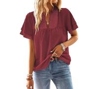 TUUHAW Boho Tops for Women UK Cute Lace Blouse Solid Bohemian Swiss Dot Pullover Flowy V Neck Chiffon Tunic Short Sleeve Ruffle Girls Bardot Smocked Pleated Loose Fit Bubble Hem Burgundy L
