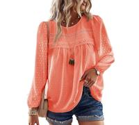 TUUHAW Bright Orange Womens Spring Tops Cute Maternity Blouse Solid Bohemian Swiss Dot Pullover Crewneck Smocked Long Sleeve Lace Hem Bardot Going Out Elegant Tunic Top Peplum Clothes L