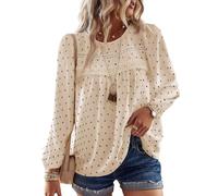 TUUHAW Cute Tops for Women UK Lace Pom Pom Babydoll Flowy Maternity Blouses Swiss Dot Boho Round Neck Tunic Chiffon Smocked Long Sleeve Girls Bardot Loose Bubble Hem Apricot-Black Dots S