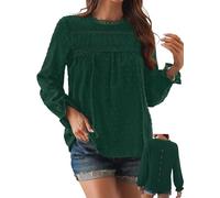 TUUHAW Cute Tops for Women UK Ladies Blouses Swiss Dot Ruffle Long Sleeve Solid Pom Pom Babydoll Chiffon Bohemian Scoop Neck Bardot Loose 2025 Bubble Hem Spring Pleated Peplum Clothes Green XL