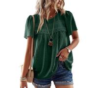 TUUHAW Dark Green Womens Summer Tops Cute Maternity Blouse Solid Bohemian Swiss Dot Pullover Crewneck Smocked Short Sleeve Lace Hem Bardot Going Out Elegant Tunic Top Peplum Clothes L