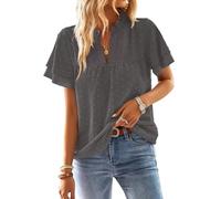 TUUHAW Dark Grey Womens Summer Tops Cute Maternity Blouse Solid Bohemian Swiss Dot Pullover V Neck Smocked Short Sleeve Ruffle Lace Hem Bardot Going Out Elegant Tunic Top Peplum Ladies Clothes L