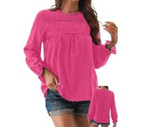 TUUHAW Going Out Tops for Women UK Tunic Top Round Neck Long Sleeve Spring Women Shirts Smocked Swiss Dot Fall Blouses Boho Elegant Business Dressy Casual Winter Clothing Plus Size XL Hot Pink