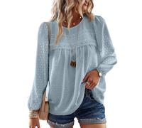 TUUHAW Gray Green Women Tops Crew Neck Long Sleeve Tunic Shirts Flowy Spring Shirts for Women Tassel Swiss Dot Trendy Dressy Blouses Loose Ladies Babydoll Oversized Bardot Clothes M