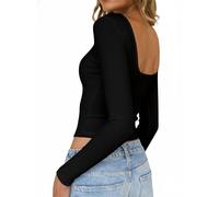 TUUHAW Ladies Tops Long Sleeve Striped Shirt Boat Neck Ribbed Knitted Slim Fitted Casual Backless Y2K T Shirts Elegant New Comfy Crop Tops Autumn Sweet Chic Style for Dates Outings Black L