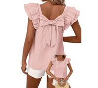 TUUHAW Ladies Tops UK Summer Clothes Round Neck Going Out Chiffon T-Shirts Ruffle Short Sleeve Blouse with Bow Tie Y2K Tunic Party Outfit Cute Casual Clothing Loose Fit Pink XL