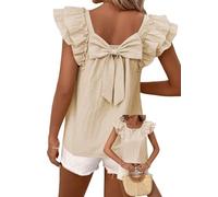 TUUHAW Ladies Tops UK Summer Clothes Round Neck Going Out Chiffon T-Shirts Ruffle Short Sleeve Blouse with Bow Tie Y2K Tunic Party Outfit Cute Casual Clothing Loose Fit Apricot S