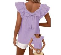 TUUHAW Ladies Tops UK Summer Clothes Round Neck Going Out Chiffon T-Shirts Ruffle Short Sleeve Blouse with Bow Tie Y2K Tunic Party Outfit Cute Casual Clothing Loose Fit Purple S