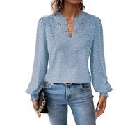TUUHAW Light Blue Womens Spring Tops Cute Maternity Blouse Solid Bohemian Swiss Dot Pullover V Neck Smocked Ruffle Long Sleeve Lace Hem Bardot Going Out Elegant Hollow Out Tunic Top Peplum Clothes XS