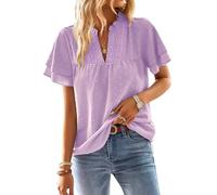 TUUHAW Light Purple Tops for Women UK Solid Flowy Blouse for Women Dressy Short Sleeve Ruffle Bohemian V Neck Business Smocked Bardot Going Out Tunictop Bubble Hem Fall Peplum Ladies Clothes S
