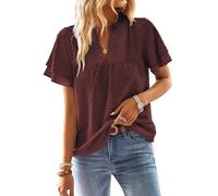 TUUHAW Mulberry Tops for Women UK Cute Maternity Blouse Solid Bohemian Swiss Dot Pullover V Neck Short Sleeve Ruffle Basic Smocked Lace Hem Tunic Top Pleated Elegant Bardot Peplum Clothing L