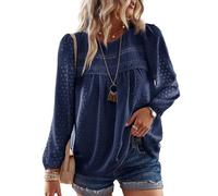 TUUHAW Navy Blue Tops for Women Long Sleeve Fashion Tunic Tops Loose Flowy Autumn Shirts Crewneck Chiffon Swiss Dot Blouses Going Out Fit Bubble Hem Bardot Peplum Clothes M