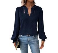TUUHAW Navy Blue Tops for Women UK Cute Maternity Blouse Solid Bohemian Swiss Dot Pullover V Neck Ruffle Long Sleeve Basic Smocked Lace Hem Tunic Top Casual Elegant Bardot Peplum Sprin Clothing L
