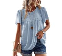 TUUHAW Plus Size Tops for Women Casual Summer Pom Pom Short Sleeve Chiffon Babydoll Swiss Dot Lace Hem Flowy Polka Dot Blouse Bohemian Elegant Office Bubble Hem Crewneck Blue 3XL