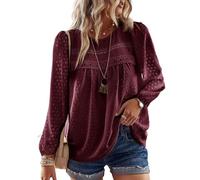 TUUHAW Plus Size Tops for Women Casual Womens Fall Pom Pom Long Sleeve Chiffon Babydoll Lace Hem Polka Dot Blouse Bohemian Crewneck Business Bardot Peplum Clothing Mulberry 2XL