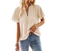 TUUHAW Plus Size Tops for Women Cute Swiss Dot Flowy Work Blouses for Women Boho Pullover V Neck Tunic Short Sleeve Ruffle Fall Bardot Chiffon Bubble Hem Ladies Peplum Clothing Apricot 3XL