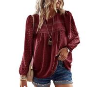 TUUHAW Plus Size Tops for Women Keyhole Button with Elastic Loop Dressy Casual Round Neck Flowy Chiffon Blouses Fall Boho Shirts Elegant Hollow Out Cute Bardot Sexy Business Clothing Burgundy 5XL