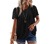 TUUHAW Plus Size Tops for Women Keyhole Button with Elastic Loop Dressy Casual Swiss Dot Bohemian Crewneck Flowy Chiffon Blouses Summer Boho Bubble Hem Bardot Peplum Shirts Black 2XL