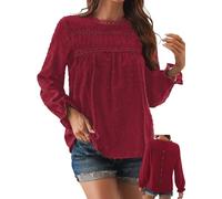 TUUHAW Plus Size Tops for Women Keyhole Button with Elastic Loop Swiss Dot Dressy Casual Crewneck Flowy Blouses Fall Smocked Chiffon Elegant Pleated Boho Bardot Peplum Shirts Red 3XL