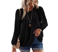 TUUHAW Plus Size Tops for Women Keyhole Button with Elastic Loop Swiss Dot Dressy Casual Crewneck Flowy Blouses Fall Smocked Chiffon Elegant Boho Bardot Peplum Shirts Black 3XL