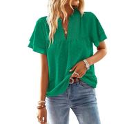 TUUHAW Plus Size Tops for Women Keyhole Button with Elastic Loop Swiss Dot Dressy Casual V Neck Flowy Blouses Summer Smocked Chiffon Short Sleeve Ruffle Elegant Bardot Peplum Shirts Clover Green 3XL