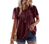 TUUHAW Plus Size Tops for Women UK Casual Summer Pom Pom Short Sleeve Chiffon Babydoll Lace Hem Polka Dot Blouse Bohemian Crewneck Mulberry Going Out Bardot Hollow Out Clothes 3XL