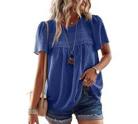 TUUHAW Royal Blue Plus Size Tops for Women UK Solid Babydoll Chiffon Pom Pom Swiss Dot Short Sleeve Womens Bubble Hem Button Down Blouse Cute Going Out Bohemian Basic Crewneck Fall XXXL