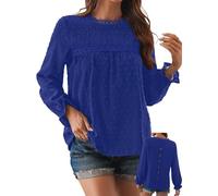 TUUHAW Royal Blue Women Tops Crew Neck Ruffle Long Sleeve Tunic Shirts Flowy Spring Shirts for Women Tassel Swiss Dot Trendy Dressy Blouses Loose Ladies Babydoll Basic Oversized Bardot Clothes M