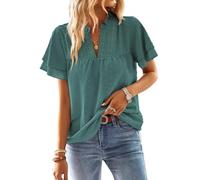 TUUHAW Summer Tops for Women UK 2025 Cute Cyan Blouse Bohemian Solid V Neck Lace Hem Flowy Tunic Business Short Sleeve Ruffle Bubble Hem Ladies Pleated Bardot Hollow Out Oversized Clothes XXL