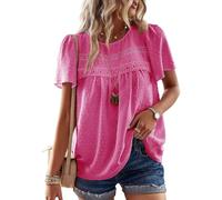 TUUHAW Summer Tops for Women UK 2025 Cute Hot Pink Blouse Bohemian Solid Swiss Dot Crewneck Lace Hem Flowy Business Tunic Short Sleeve Elegant Girls Bardot Going Out Sexy Clothes XXXL