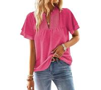 TUUHAW Summer Tops for Women UK 2025 Cute Hot Pink Blouse Bohemian Solid V Neck Lace Hem Flowy Tunic Business Short Sleeve Ruffle Bubble Hem Ladies Pleated Bardot Hollow Out Oversized Clothes XXL