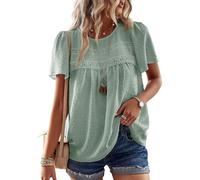 TUUHAW Summer Tops for Women UK 2025 Cute Sage Green Blouse Bohemian Solid Swiss Dot Crewneck Lace Hem Flowy Business Tunic Short Sleeve Elegant Girls Bardot Going Out Sexy Clothes XXXL