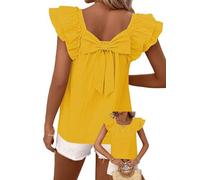 TUUHAW Summer Tops for Women UK Plus Size Ruffle Short Sleeve Blouse with Bow Tie Round Neck Chiffon Casual Flowy Clothes Trendy Cute Loose Fit Y2K Tunic Yellow 3XL