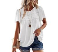 TUUHAW Summer Tops for Women UK Short Sleeve White Tunic Tops for Women Lace Bohemian Womens Shirts Cute Elegant Business Round Neck Womens Blouses Loose Plain Peasant Smocked S