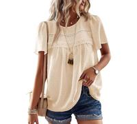 TUUHAW Summer Tops for Women UK Swiss Dots Short Sleeve Boho Blouse Flowy Bohemian Lace Crewneck Chiffon Business Casual Tunic Top Fall Bardot Clothes 2025 Bubble Hem Apricot M