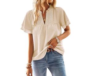 TUUHAW Summer Tops for Women UK Swiss Dots Short Sleeve Ruffle Boho Blouse Flowy Bohemian Lace V Neck Chiffon Business Casual Tunic Top Pleated Fall Bardot Clothes 2025 Bubble Hem Apricot M