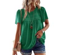 TUUHAW Summer Tops for Women UK Swiss Dots Solid Lace Hem Short Sleeve Flowy Peasant Blouses for Women Bohemian Pullover Smocked Crewneck Clover Green Fall Basic Bardot Clothing XS