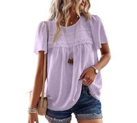 TUUHAW Summer Tops for Women UK Swiss Dots Solid Lace Hem Short Sleeve Flowy Peasant Blouses for Women Bohemian Pullover Smocked Crewneck Purple Fall Basic Bardot Clothing S