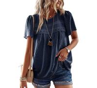 TUUHAW Summer Tops Women UK 2025 Fashion Boho Tunic Tops for Women Crewneck Flowy Navy Blue Shirts Babydoll Pom Pom Short Sleeve Blouses Going Out Oversized Sexy Bardot Clothing L