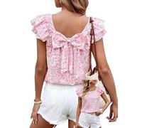TUUHAW T Shirts for Women UK Summer Tops Crew Neck Casual Y2K Ruffle Short Sleeve Blouse Chiffon Babydoll Party Outfit with Bow Tie Cute Loose Fit Tunic Floral Pink M