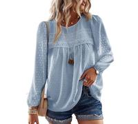 TUUHAW Tops for Women UK Baby Blue Swiss Dots Cute Pom Pom Chiffon Floral Blouse Lace Boho Round Neck Smocked Bardot Long Sleeve Going Out Elegant Basic Peplum Clothes M