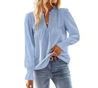 TUUHAW Tops for Women UK Elegant V Neck Autumn Blouse Trendy Flowy Ruffled Long Sleeves Hollow Out Detail Bohemian Tunic Top for Ladies Wear Casual Chic Style Winter Outfits Blue S