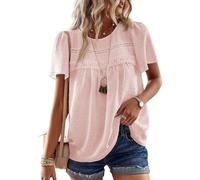 TUUHAW Women Tops Business Casual Crew Neck Smocked Short Sleeve Womens Tunic Womens Tee Shirts Swiss Dot Peasant Spring Lace Ladies Crochet Fall Elegant Light Pink Blouses for Women S